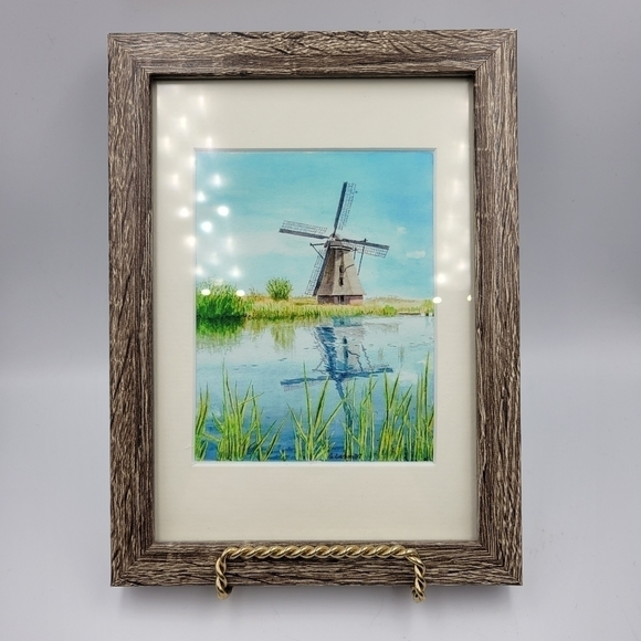 Windmill Reflected on Pond Signed G. Larson Small Watercolor Painting Print - Picture 1 of 4